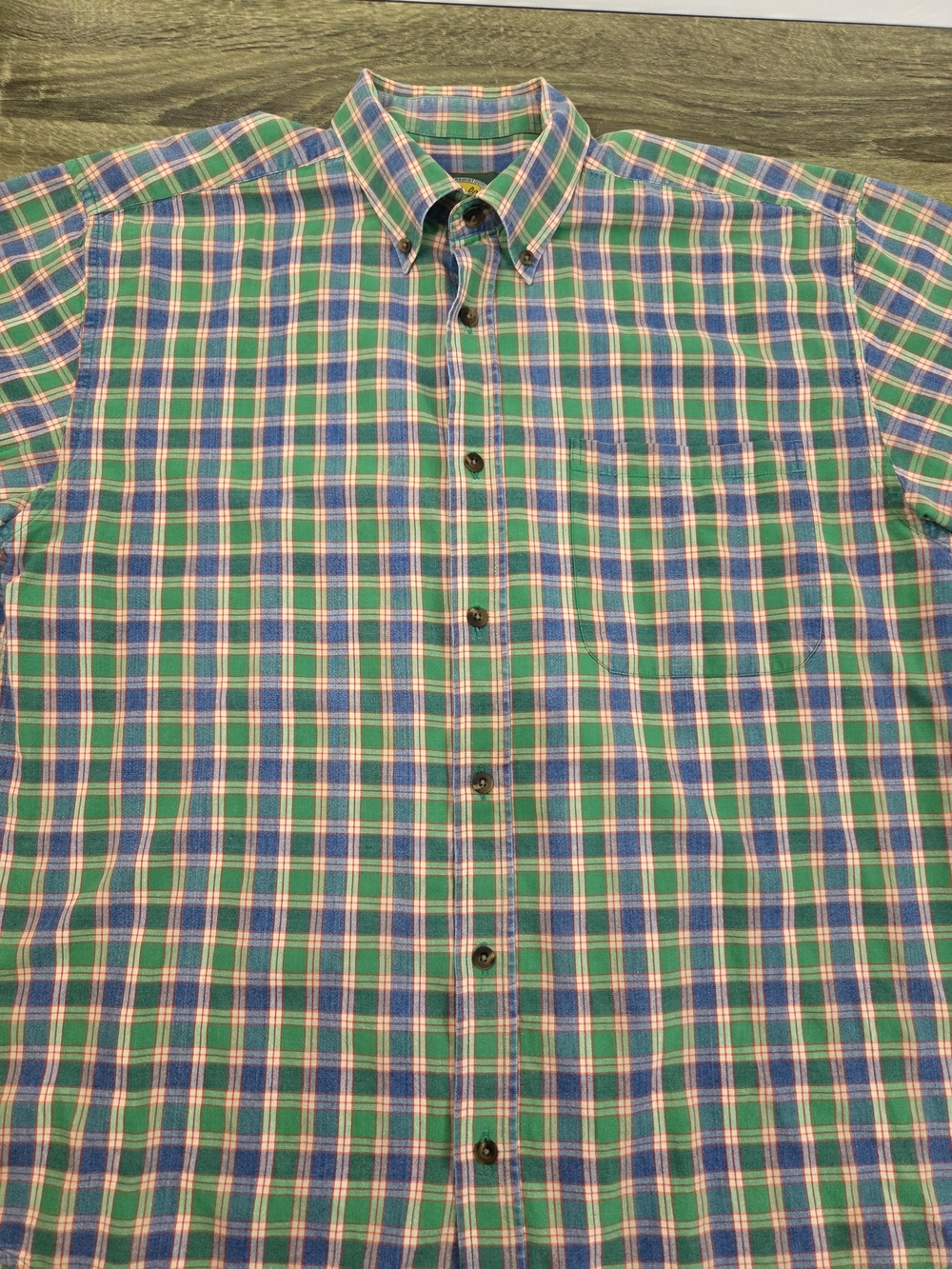 Vtg Cabela's Button-Down Shirt Men's Large Green Blue Plaid Short Sleeve Outdoor